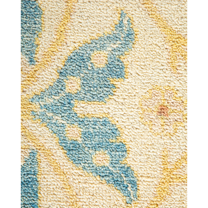 Tapis unique noué à la main Eclectic - ivoire / jaune, 9 pi 1 po x 12 pi 4 po