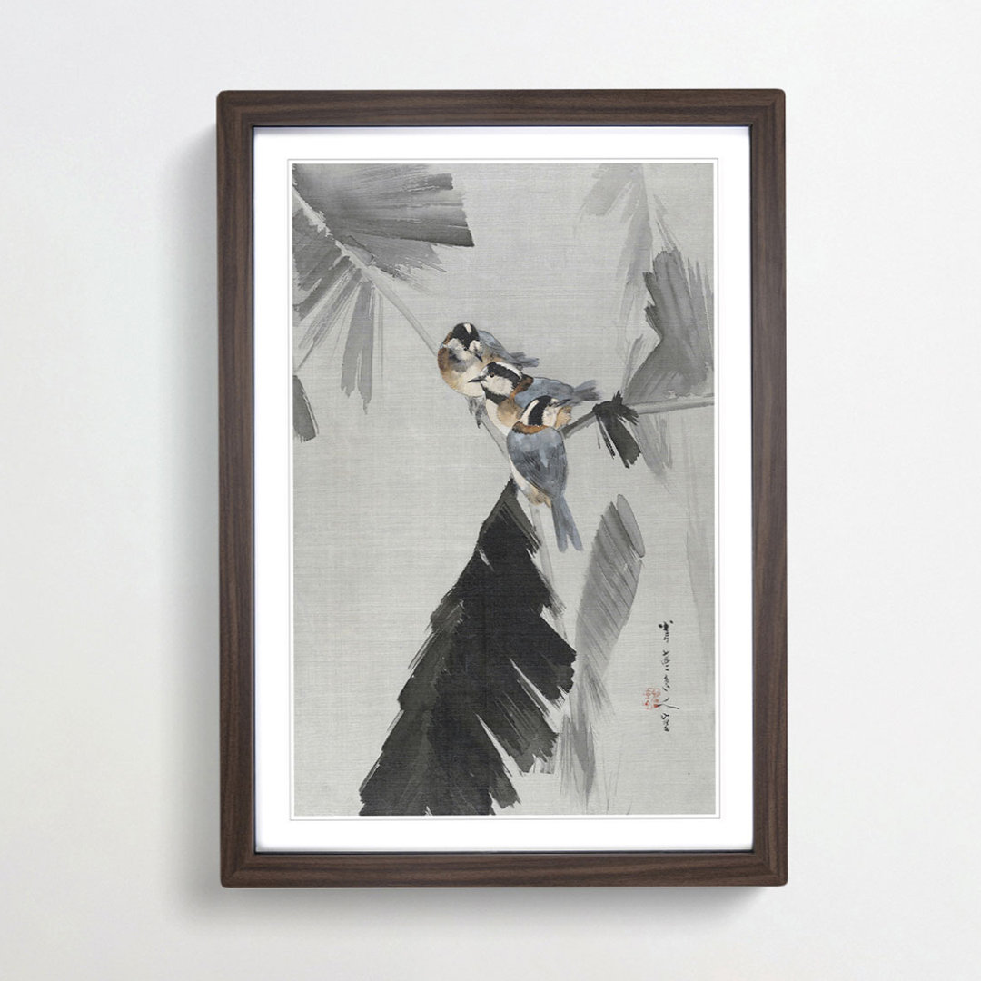 Three Birds on a Branch by Watanabe Seitei - Framed Print