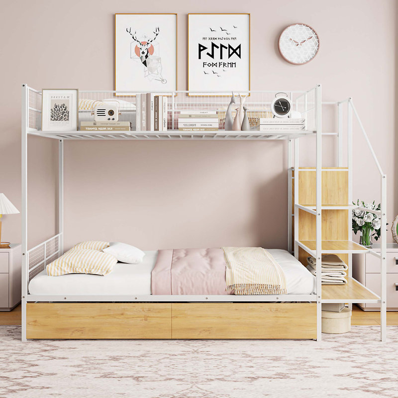 Lit superposé simple au-dessus d'un lit double en métal avec tiroir et échelle de rangement latérale et garde-robe