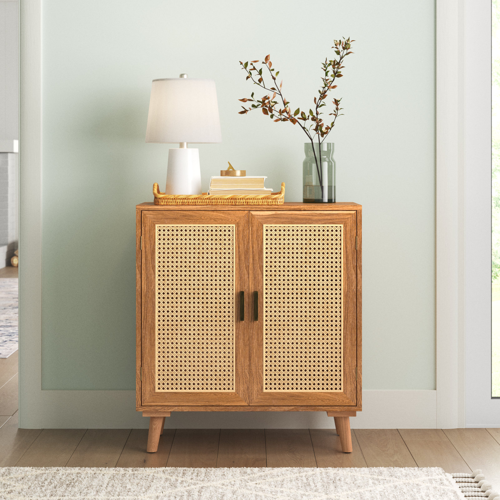 Armoire à Chaussures En Rotin Avec Pieds En Bois – 3 Portes + Tiroir, Idéale Pour Couloirs étroits