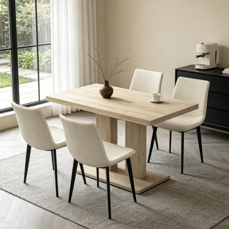 Ensemble de table de salle à manger pour 4 à 6 personnes, table de cuisine moderne de 46,1 pouces avec 4 chaises en similicuir, ensemble de table de salle à manger rectangulaire pour la maison, petits espaces, table de coin-repas en chêne et 4 chaises beiges