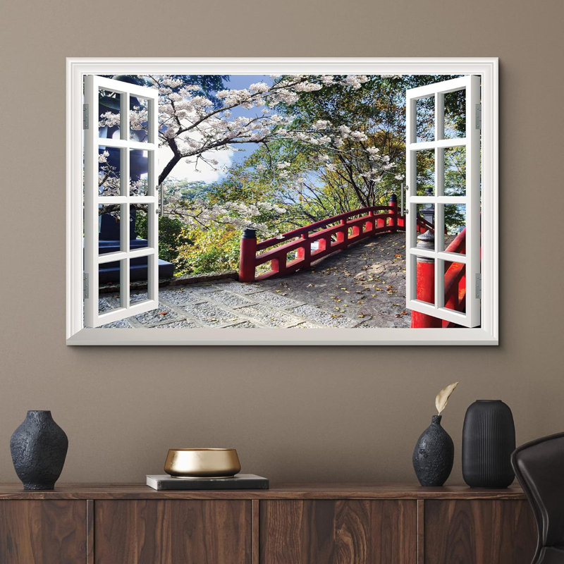 "Fenêtre blanche moderne donnant sur un pont rouge entouré de beaux arbres" sur toile, H 32 po x l 48 po