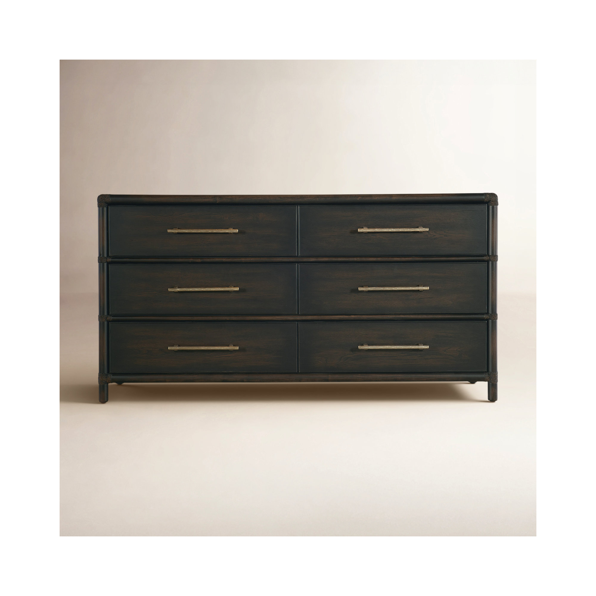 6 - Drawer 68" W Dresser, Dark Wood/Black Sand