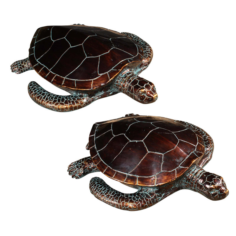 Bronze and Brown Metal Sea Turtle Statue Set