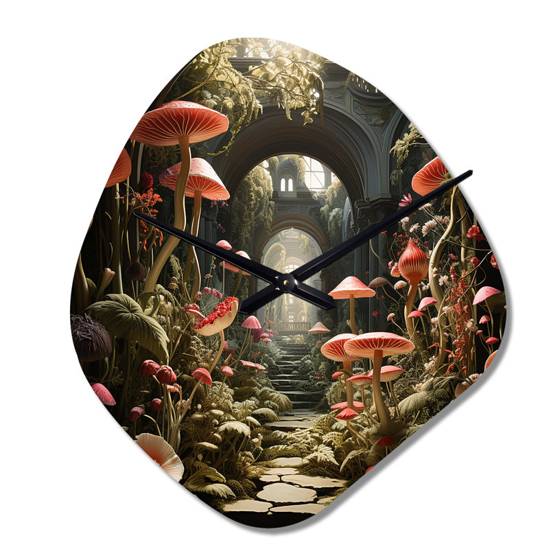 Mushroom The Secret Garden - Mushroom Asymmetrical Metal Wall Clock, Country Unique Shape Clock Print, Small