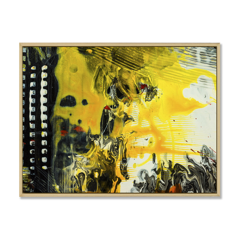 Jaune jaune, noir et blanc, art liquide X - peinture sur toile, H 16 po x l 32 po x P 1 po, Cadre flottant en érable