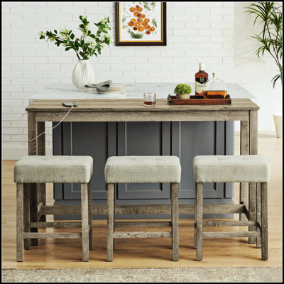 Modern Bar Table Set with Power Outlet and Three Upholstered Stools for Dining and Living Room Use