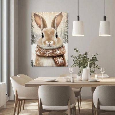 2D Flat, 1Pc Framed Canvas Wall Art, Snow Rabbit Portrait, Winter Forest, Realistic Oil Painting Style Art Print Canvas Poster Painting Room Wall Decor, Ideal Gift For Bedroom Living Room Hallway Dorm, Ready To Hang