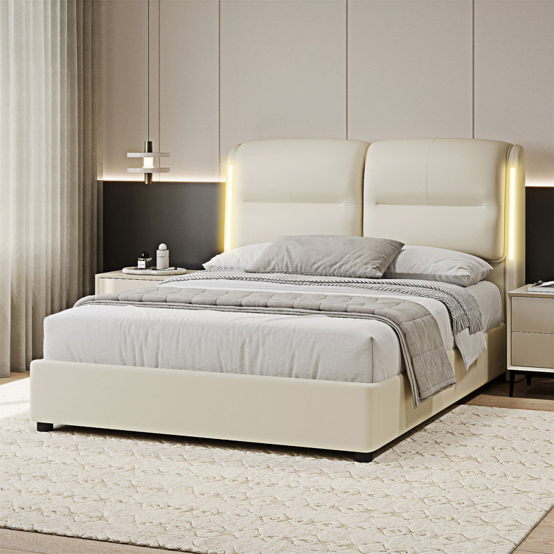 Lit plateforme tapissier hydraulique de grande taille avec rangement et lumières DEL, Crème