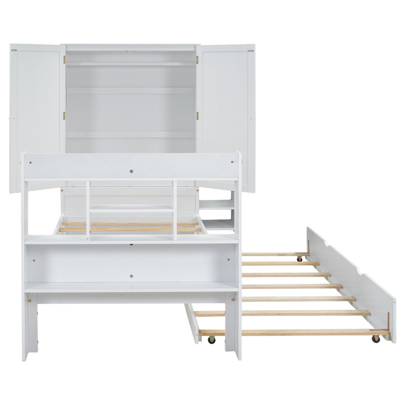 Twin Size Platform Bed With Storage Headboard And Footboard,  Pull Out Shelves And Twin Size Trundle, White, Blanc