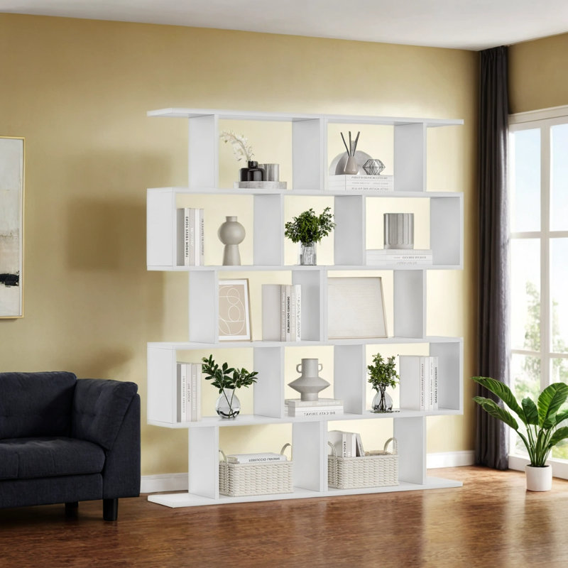 White 5-Tier S-Shaped Geometric Bookcase with Manufactured Wood