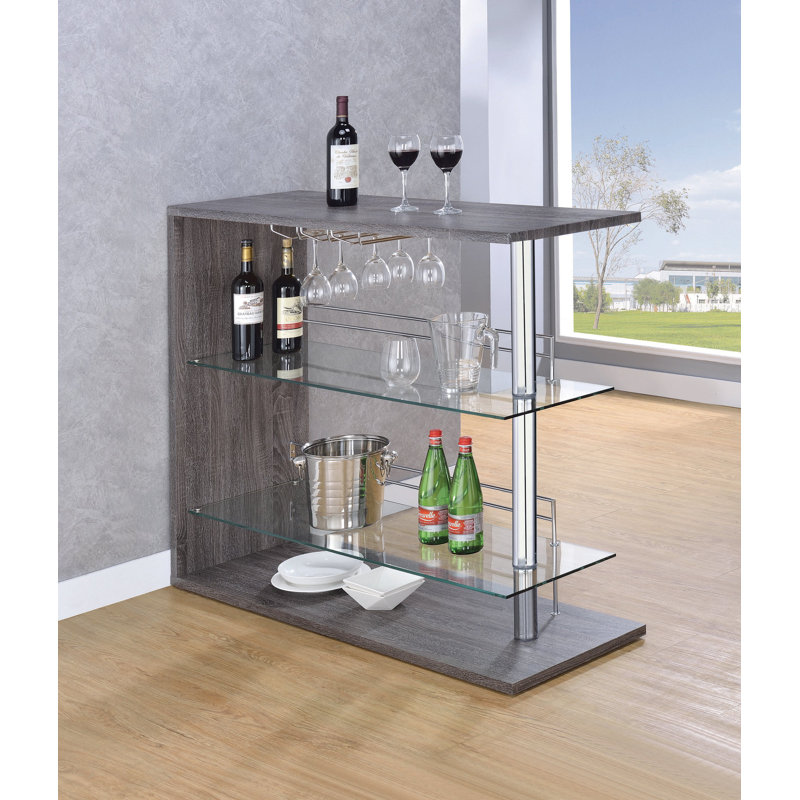 Weathered Gray and Chrome Rectangular Bar Unit with Glass Shelves