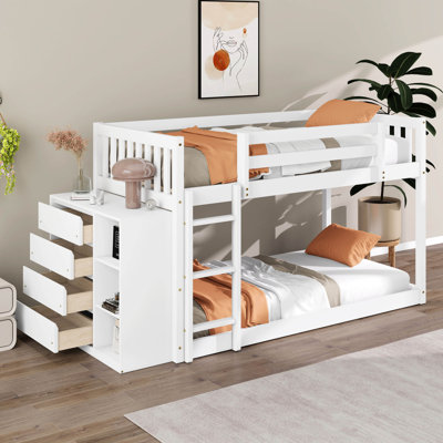 Lit superposé avec 4 tiroirs de rangement et 3 tablettes, cadre de lit en bois avec garde-corps et échelles