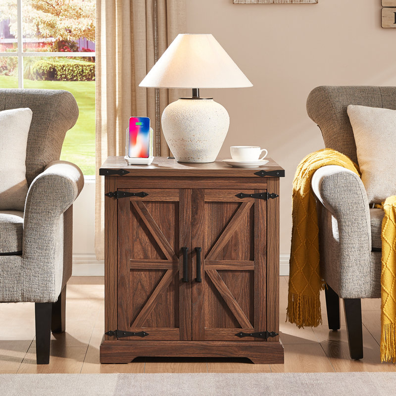 Jaimar 24"W Farmhouse Square End Table with Charging Station&Adjustable Storage Shelf, Brown, Brown