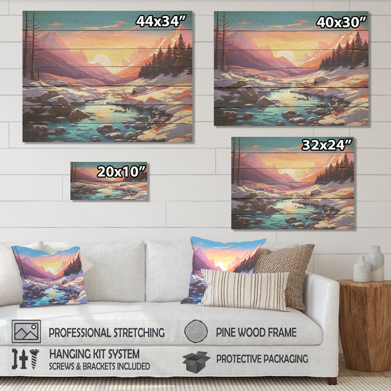 Winter Mountain Pond Sunset Serenity - Winter Mountains sur impression sur bois, H 34 po x l 44 po