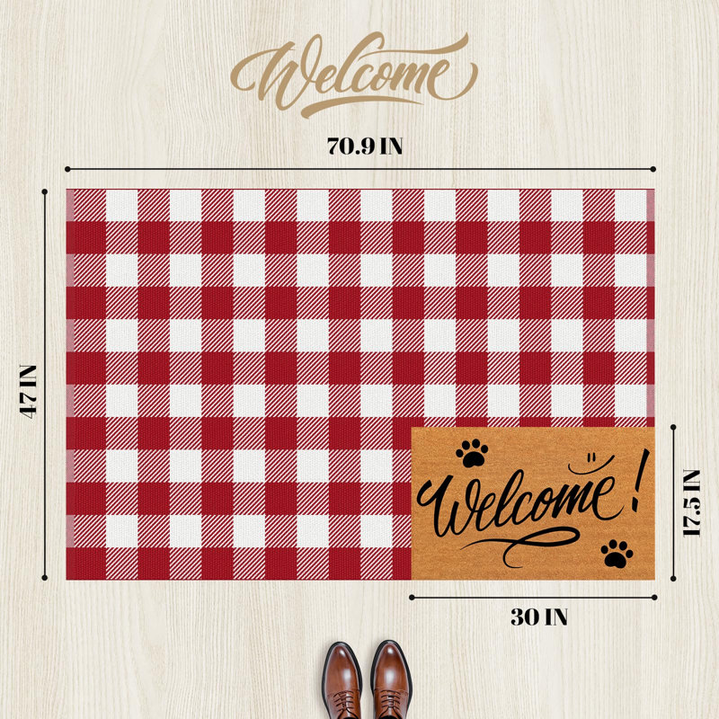 Tapis d'extérieur à carreaux à carreaux, coton doux lavable à la machine, Rouge / Blanc, L 47 po x L 71 po
