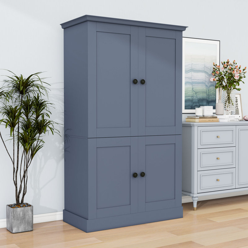 Armoire de cuisine avec poste de travail, 4 portes, 3 tiroirs, 6 supports à vin et tablettes réglables, Blue