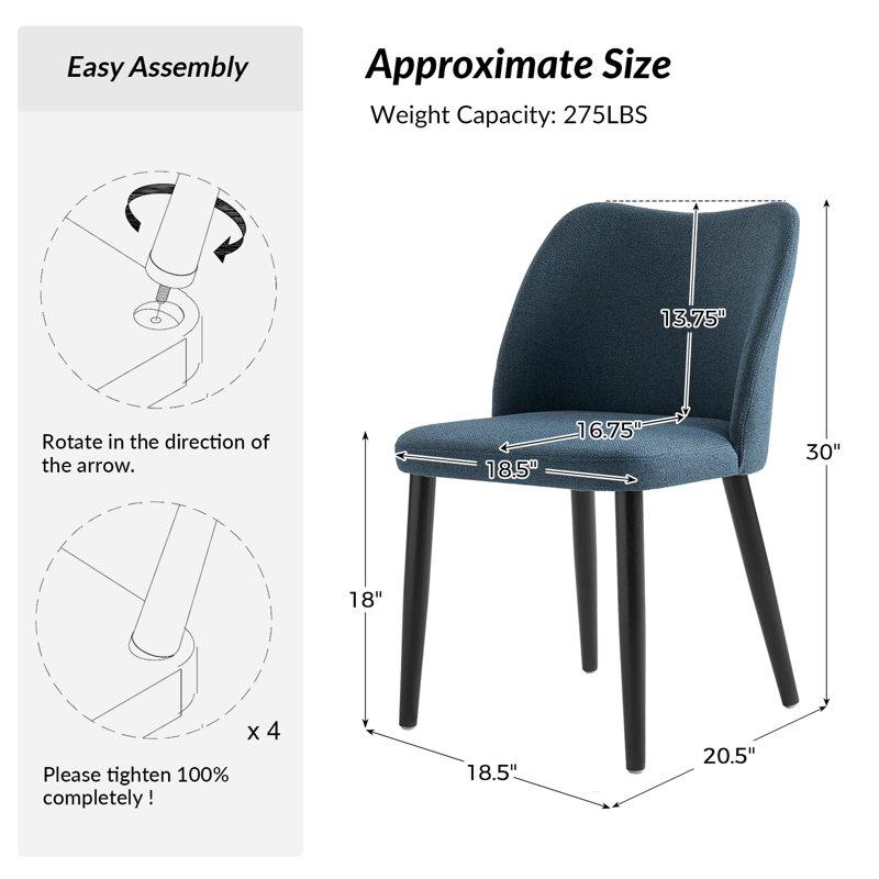  Kanalu Modern Dining Chair Set with Solid Wood Legs Set of 4, Navy, 4