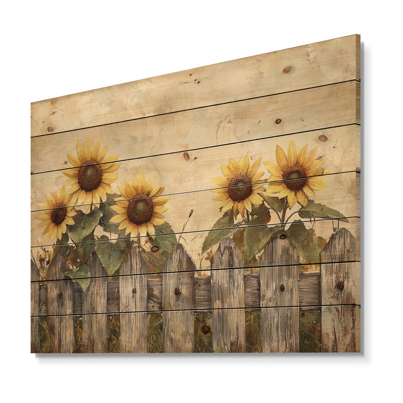 Sunflowers Along The Barn Fence II - Sunflowers Wood Wall Art - On Natural Pine Wood, 10" H x 20" W x 0.78" D