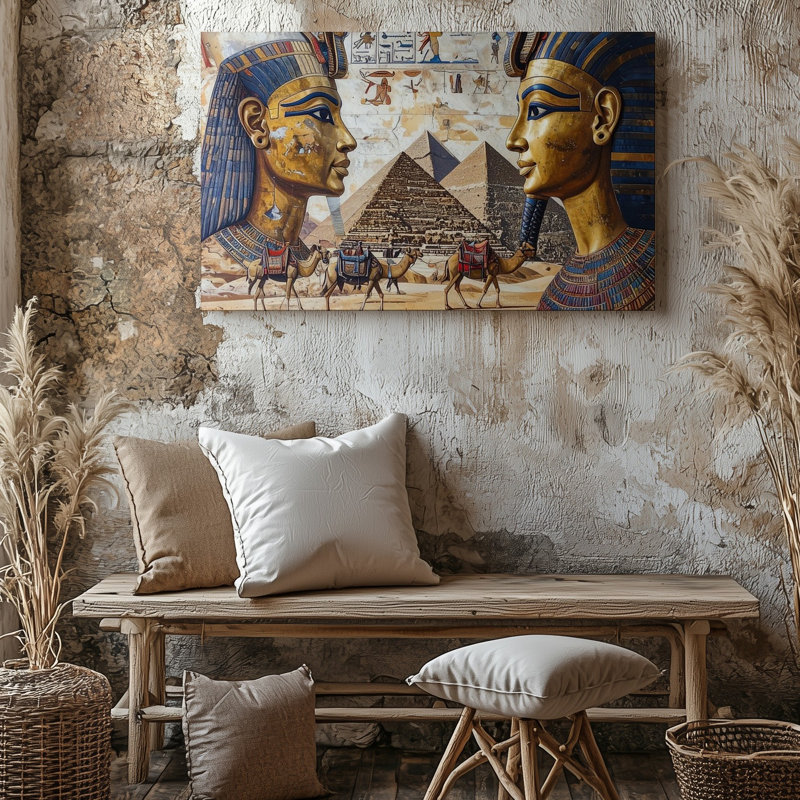 Art antique sur toile, Pharaon antique et Néfertiti, royauté et pyramide, H 20 po x l 20 po