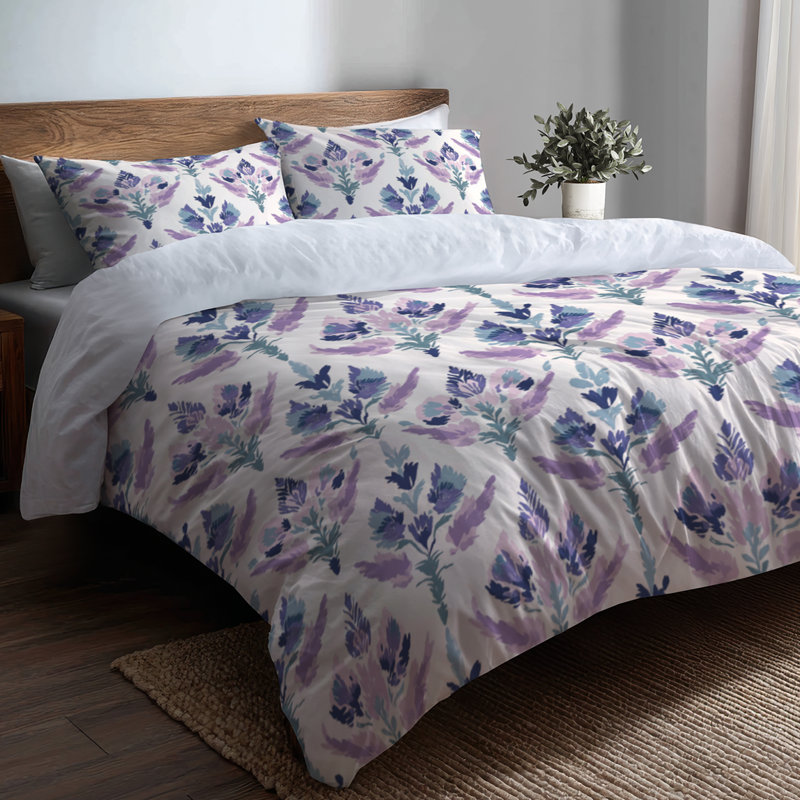French Country Bedding Set Of 3 - Purple Garden Ikat Duvet Cover Set, King Duvet Cover + 2 King Shams