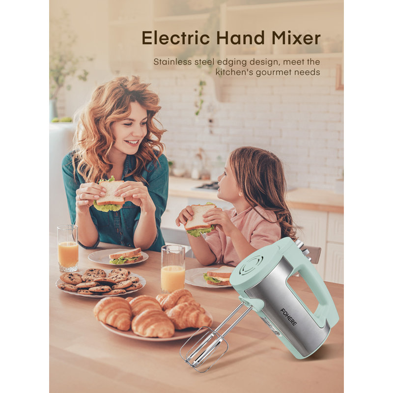 6 Speed Hand Mixer With Turbo Boost, 4 Stainless Steel Attachments, Green
