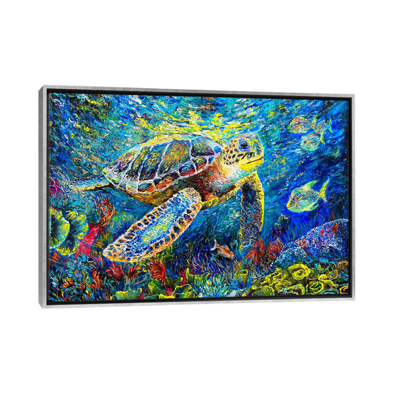 «Ocean Symphony Turtle's Coral Haven», reproduction d'art mural encadrée, H 26 po x l 40 po, Argent argent