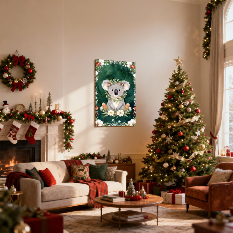 Koala de Noël avec couronne florale et fond vert, ensemble de 3 impressions sur toile, H 30 po x l 20 po