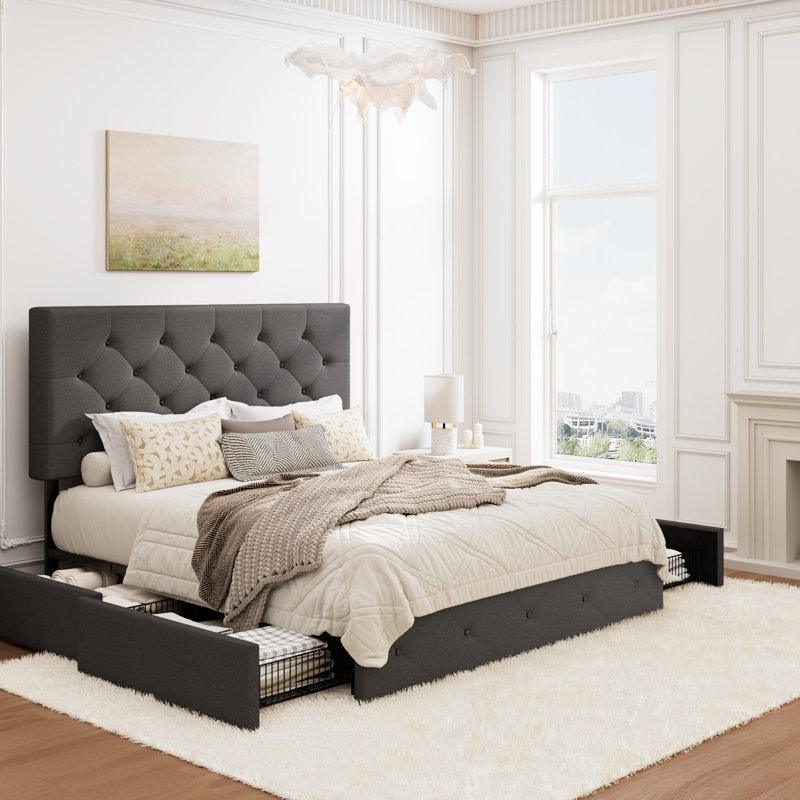Lit plateforme avec rangement à 4 tiroirs et tête de lit réglable en lin à motif de losanges, Grand, Gris foncé
