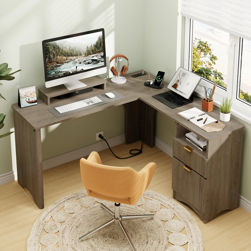 Daymen 55Inch Lift Top L Shaped Desk with Power Outlet, Fluted Computer Desk with File Drawer and shelf , Home Office Desk with Monitor Stand and Cable Management