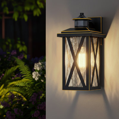 Black 12.5''H Motion Sensor 1-Light Outdoor Wall Lantern with Water Glass Shade Waterproof