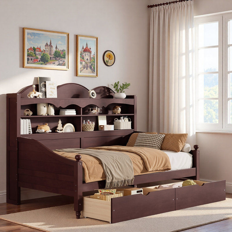 Wooden Daybed With 2 Storage Drawers And Storage Headboard Shelving, Espresso