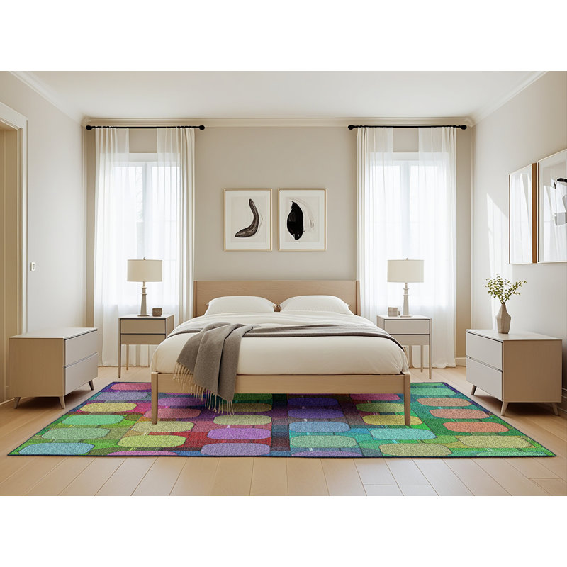 Tapis jaune/vert/rouge tissé à la machine, Rectangle 5 pi x 8 pi