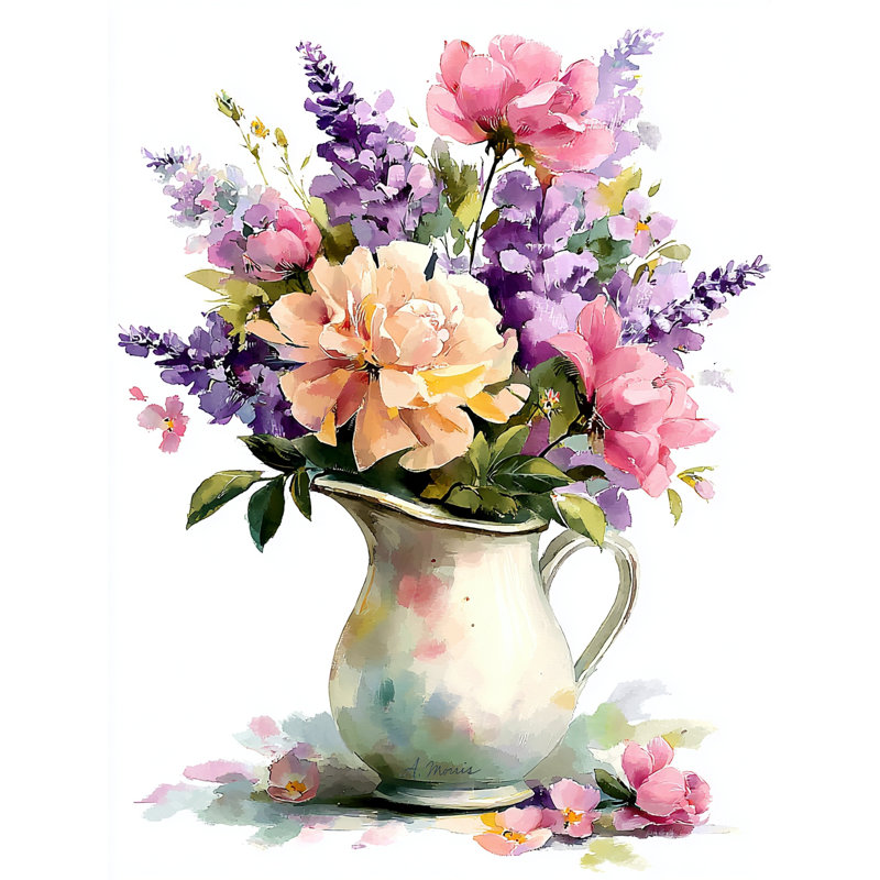 Pichet de jardin pastel - art floral doux à l'aquarelle, H 48 po x l 36 po