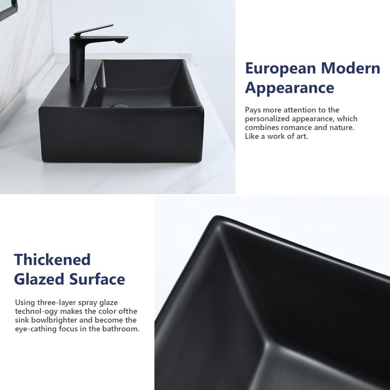 Davivy 23.6"x16.5" Black Rectangular Ceramic Bathroom Vessel Sink