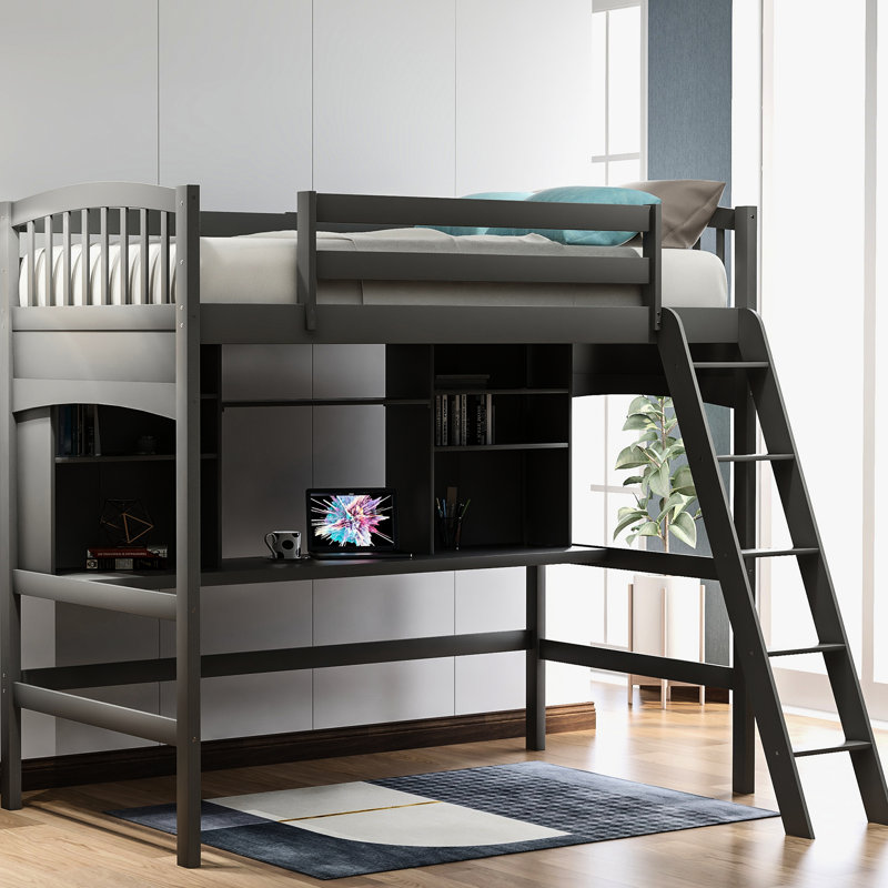 Lit mezzanine simple gris - configuration pratique d'un bureau et d'une étagère