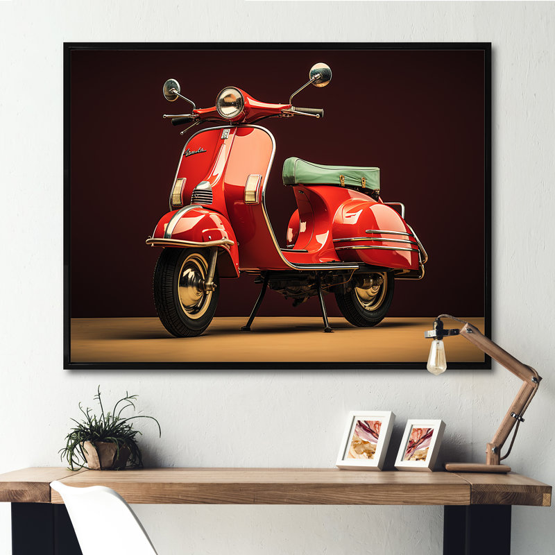 Retro Scooter Adventure I - Scooter, impressions encadrées, Cadre flottant noir, H 16 po x l 32 po x P 1 po