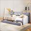 Lit plateforme simple tapissier gris avec rangement spacieux et tiroirs, parfait pour les chambres modernes et peu encombrant.