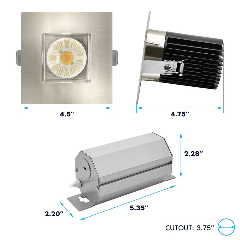 Luminaire encastré DEL 4 po LUXRITE, 5 lumières à DEL sans lumière, 60º, 22W, 1700LM, garniture en nickel brossé carrée interchangeable, à intensité variable, calibre IC