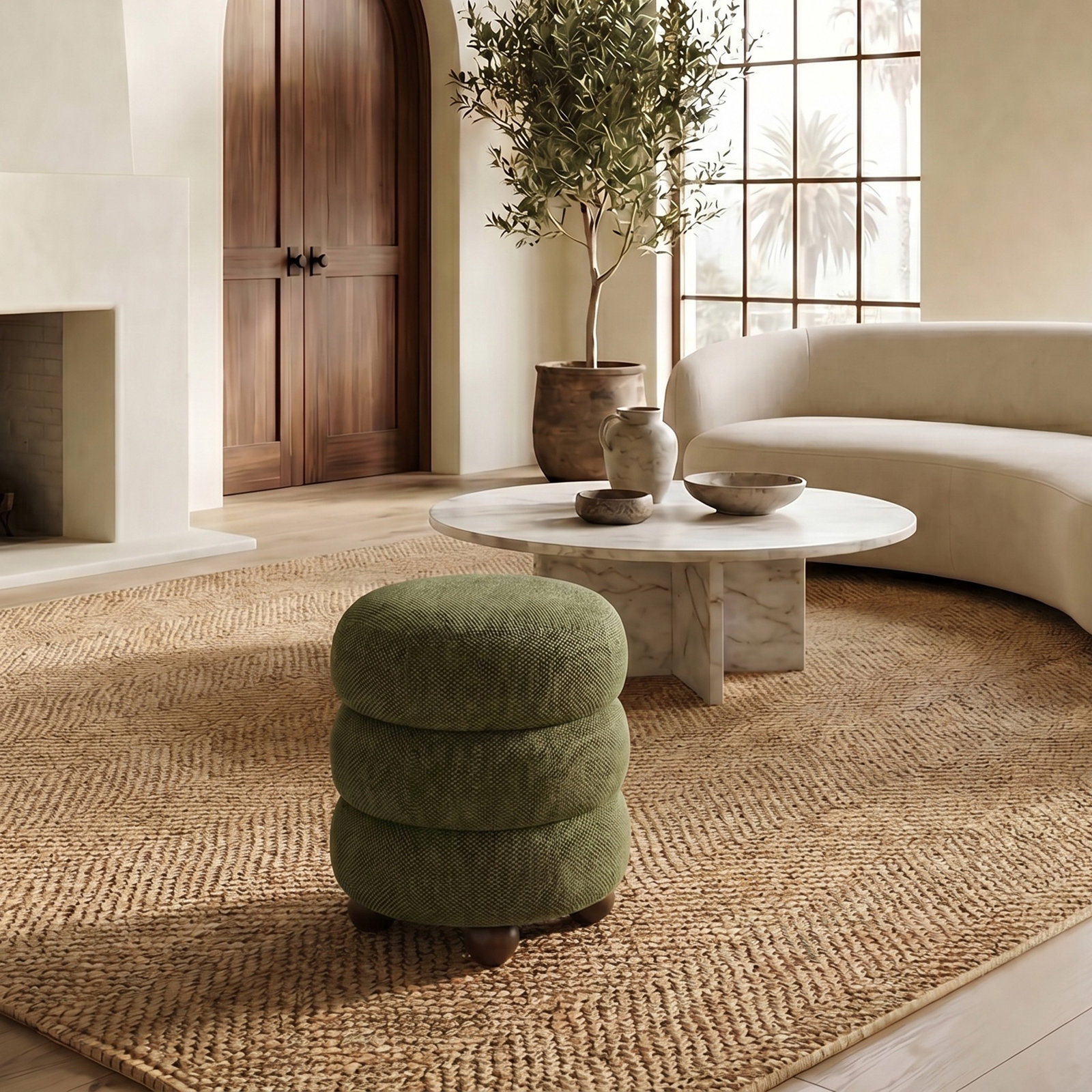 Dalisha 17" Velvet Round Ottoman, Walnut, Dark Green Chenille