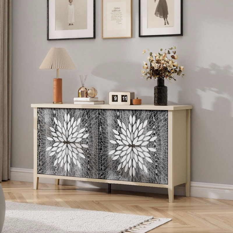 4-door Sideboard With Adjustable Shelves And Exquisite Creative Carving, Black/Natural