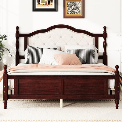 Queen Pine Wood Bed With Stylish Upholstered Headboard And - Cherry Look Queen-Size Solid Hue