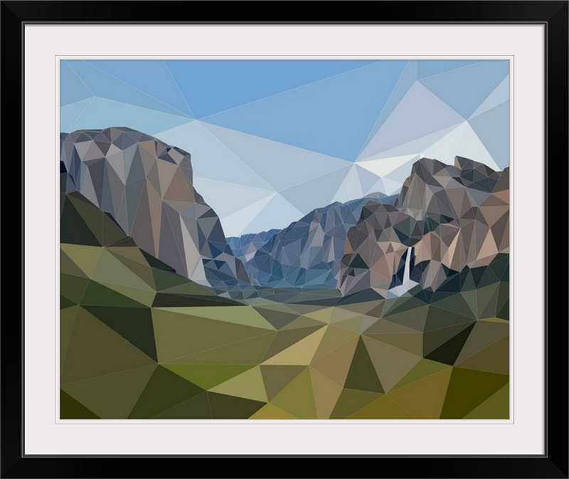 « yosemite national park-low-poly art », reproduction d’impression, H 20 po x l 23 po x P 1 po, Cadre noir