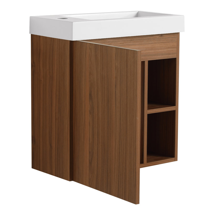 Meuble-lavabo de 20 po, lavabo en résine, porte, design élégant, peu encombrant, meuble-lavabo mural à abat-jour en noyer de 20 po