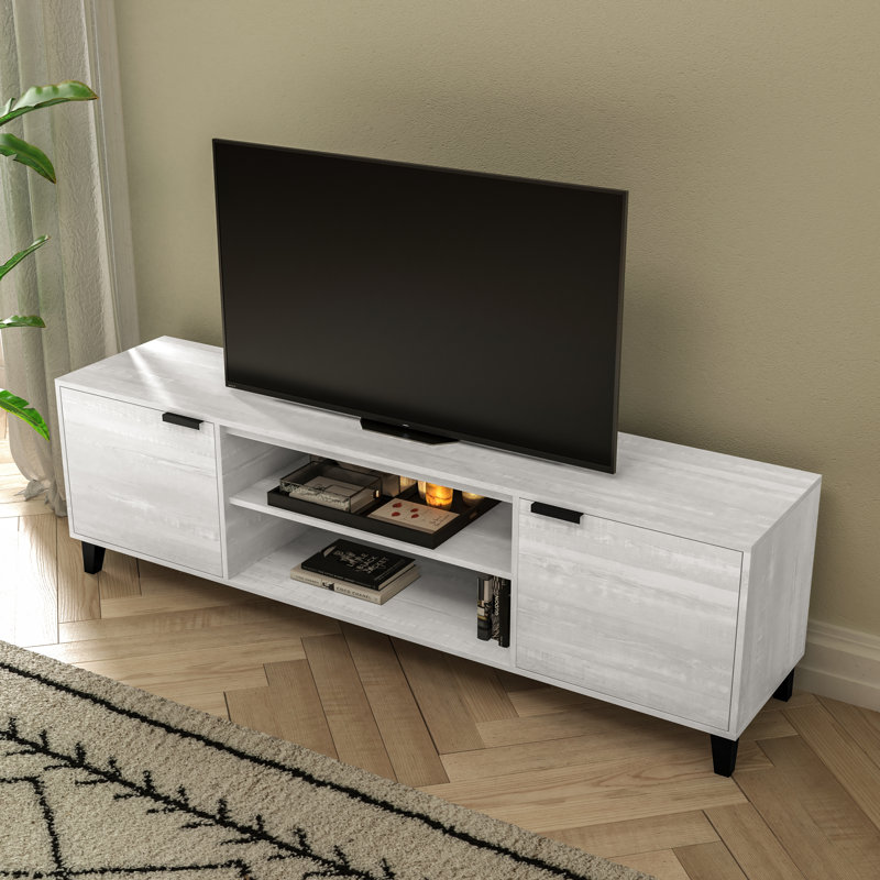 Meuble télé 70 po Mid-Century pour téléviseur de 60 po ou moins avec tablettes réglables et double compartiment de rangement