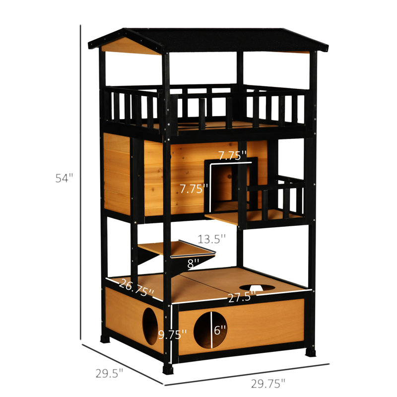 Large Black and Natural Wood Outdoor Cat House with Platforms