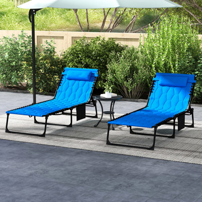 Chaise longue bleue avec option pliable - dossier inclinable, siège rembourré, poche latérale et pour cour, patio, bain de soleil, plage pliante, cour