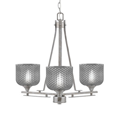 Uptowne 3 Light Uplight Chandelier Shown In Aged Silver Finish With 6" Smoke Textured Glass