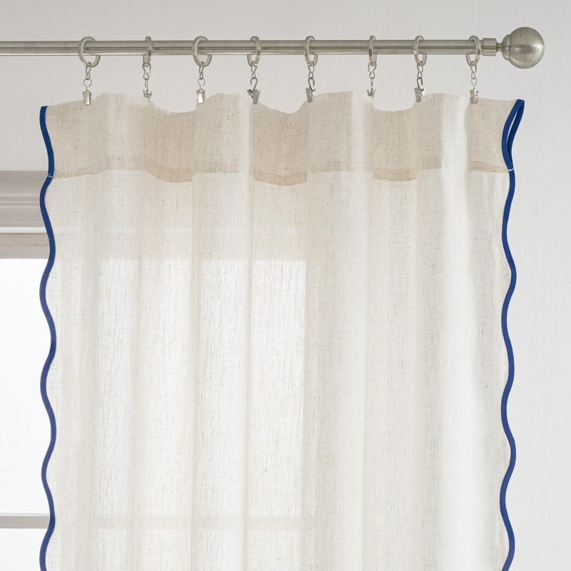 Semi Sheer Scalloped Edge White Coastal Beach Window Curtains for Living Room Bedroom 2 Panels Rod Pocket, 52" W x 18" L