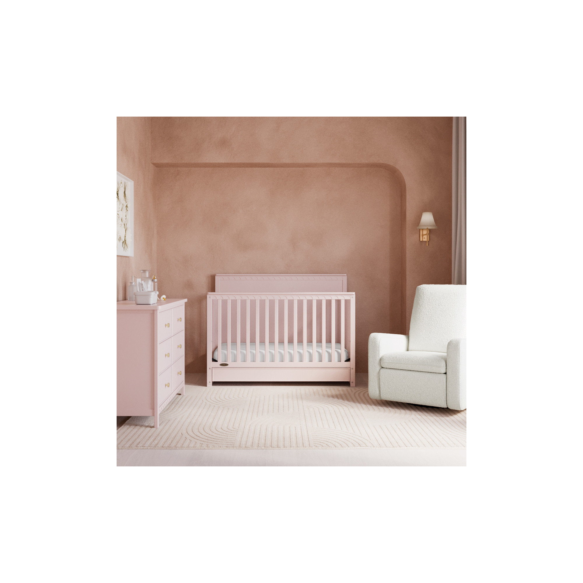 Sasha 5-In-1 Convertible Crib With Drawer, Blush